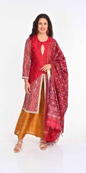 Elegant Red Silk Kurta with Ikat Palazzo Pants and Dupatta