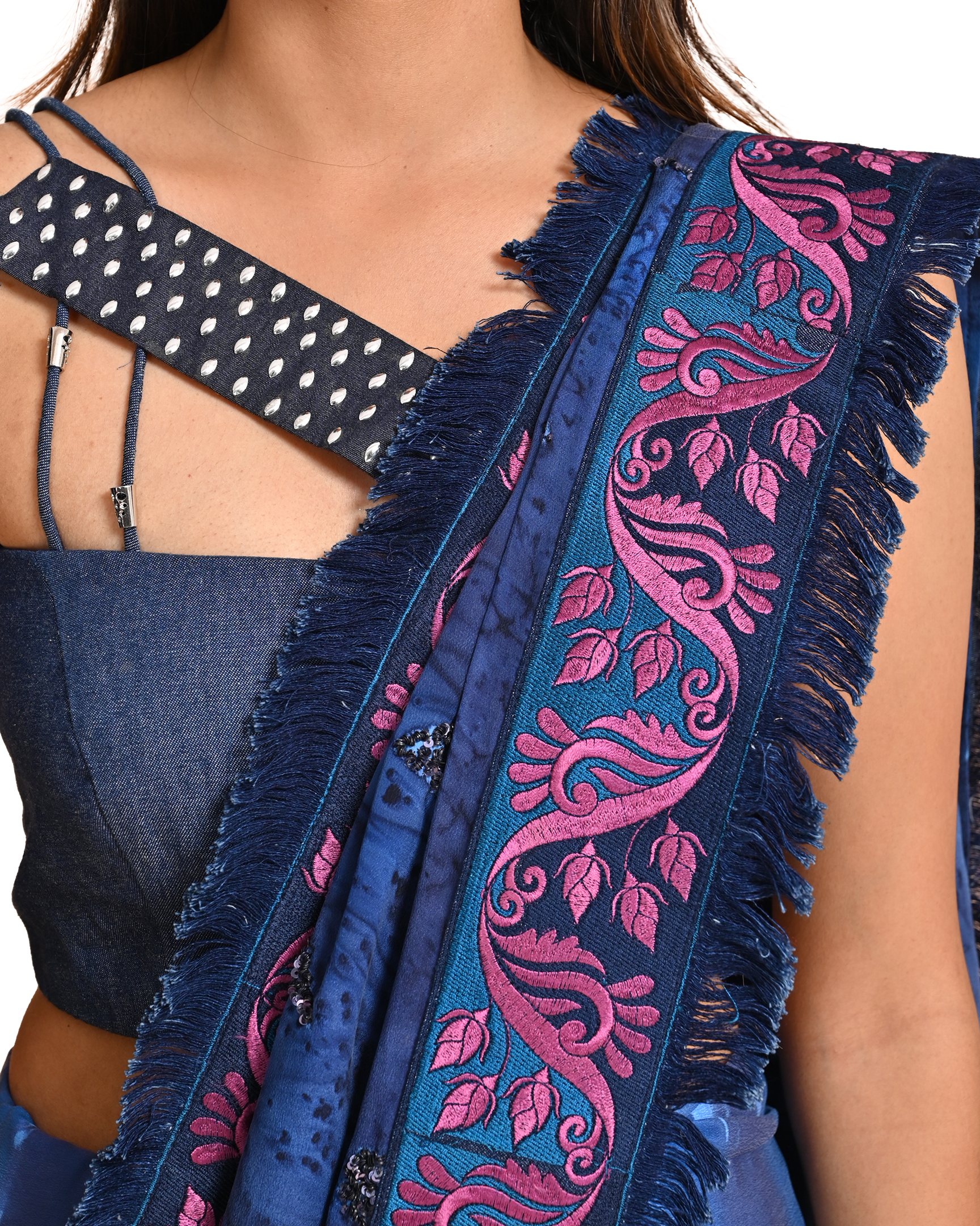 Denim Blue Saree with Embroidered Border and Tassels - Image 5