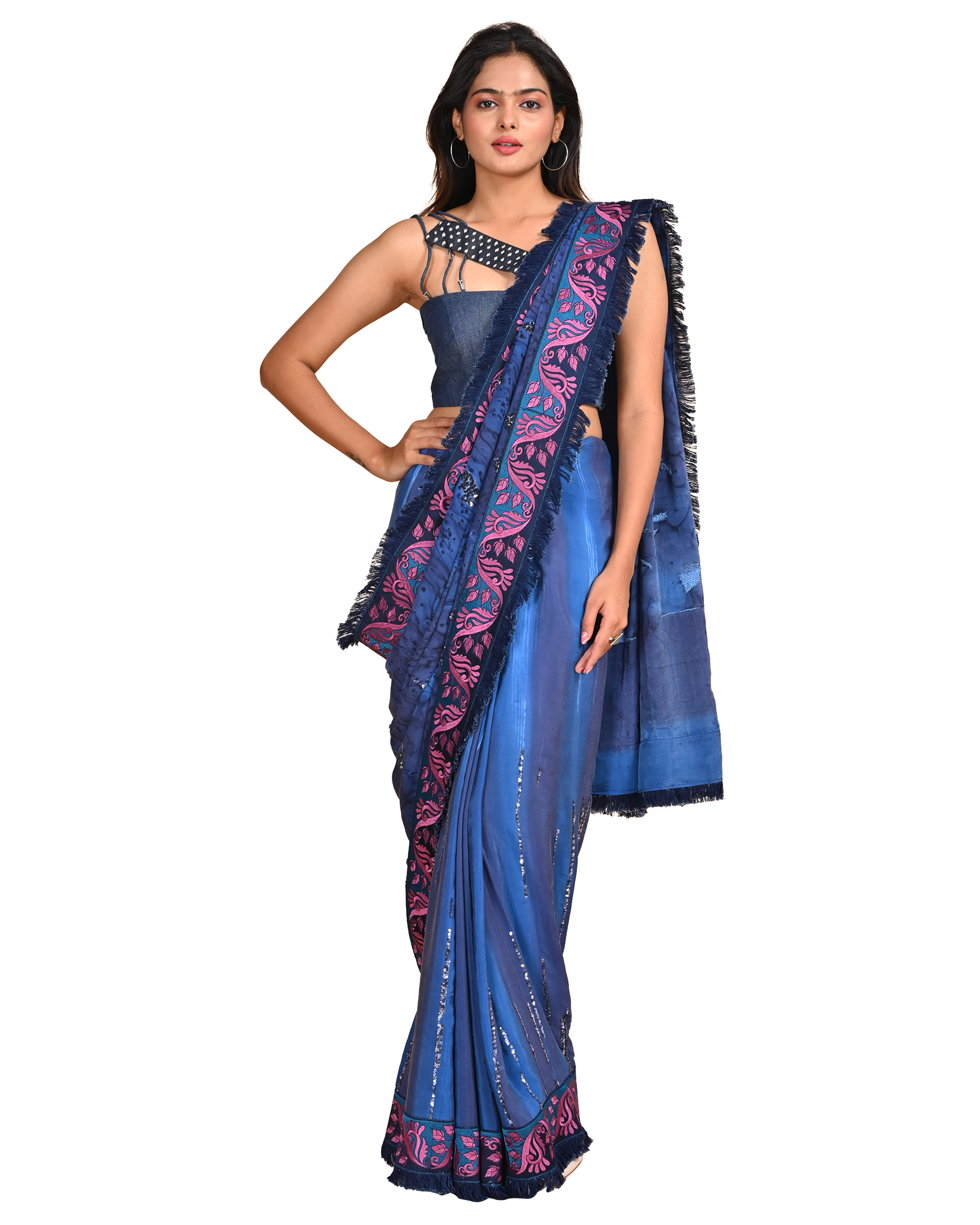 Denim Blue Saree with Embroidered Border and Tassels - Image 2