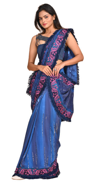 Denim Blue Saree with Embroidered Border and Tassels