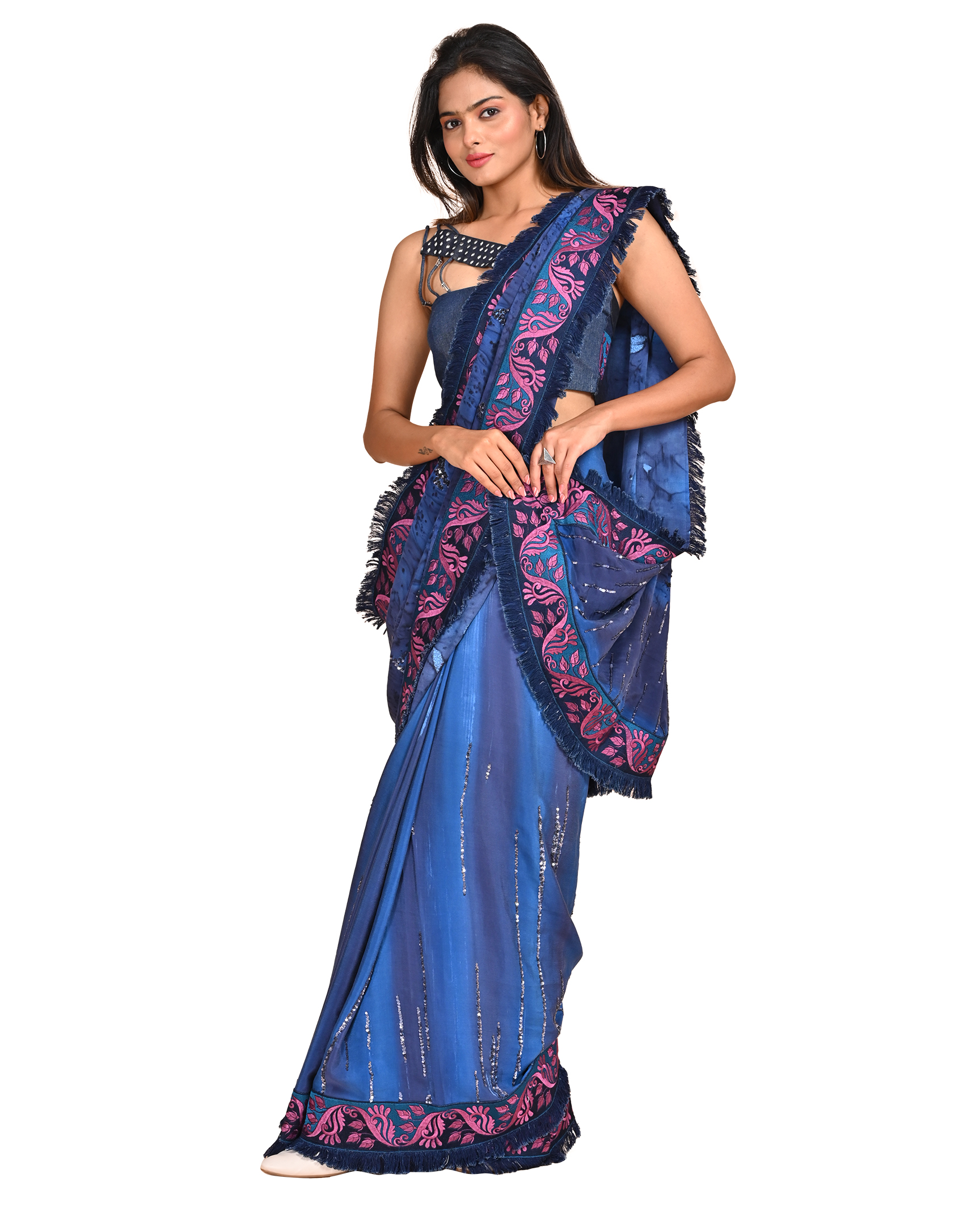 Denim Blue Saree with Embroidered Border and Tassels