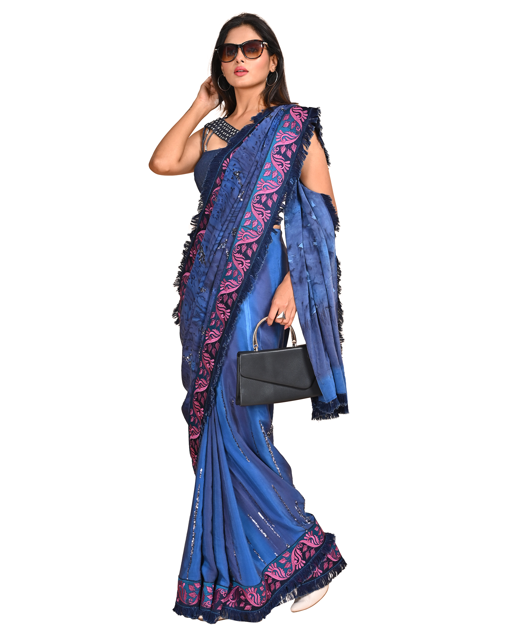 Denim Blue Saree with Embroidered Border and Tassels - Image 4