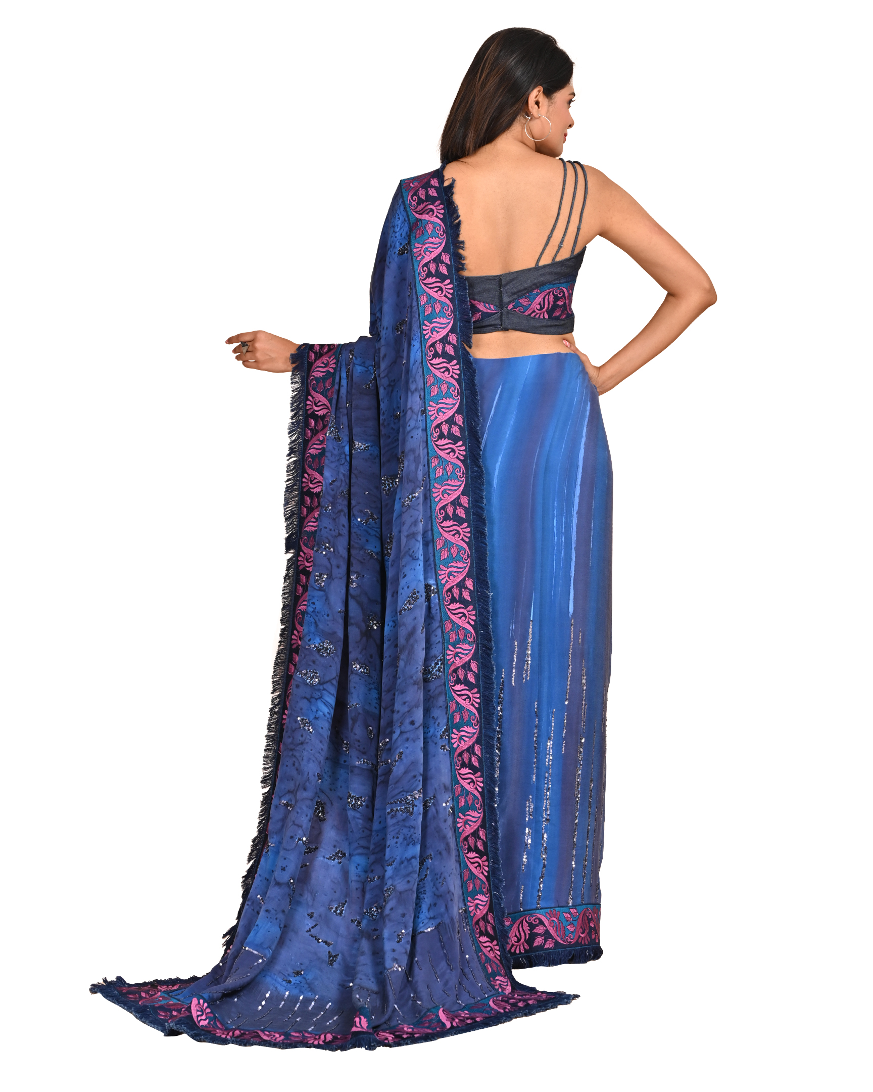 Denim Blue Saree with Embroidered Border and Tassels - Image 3