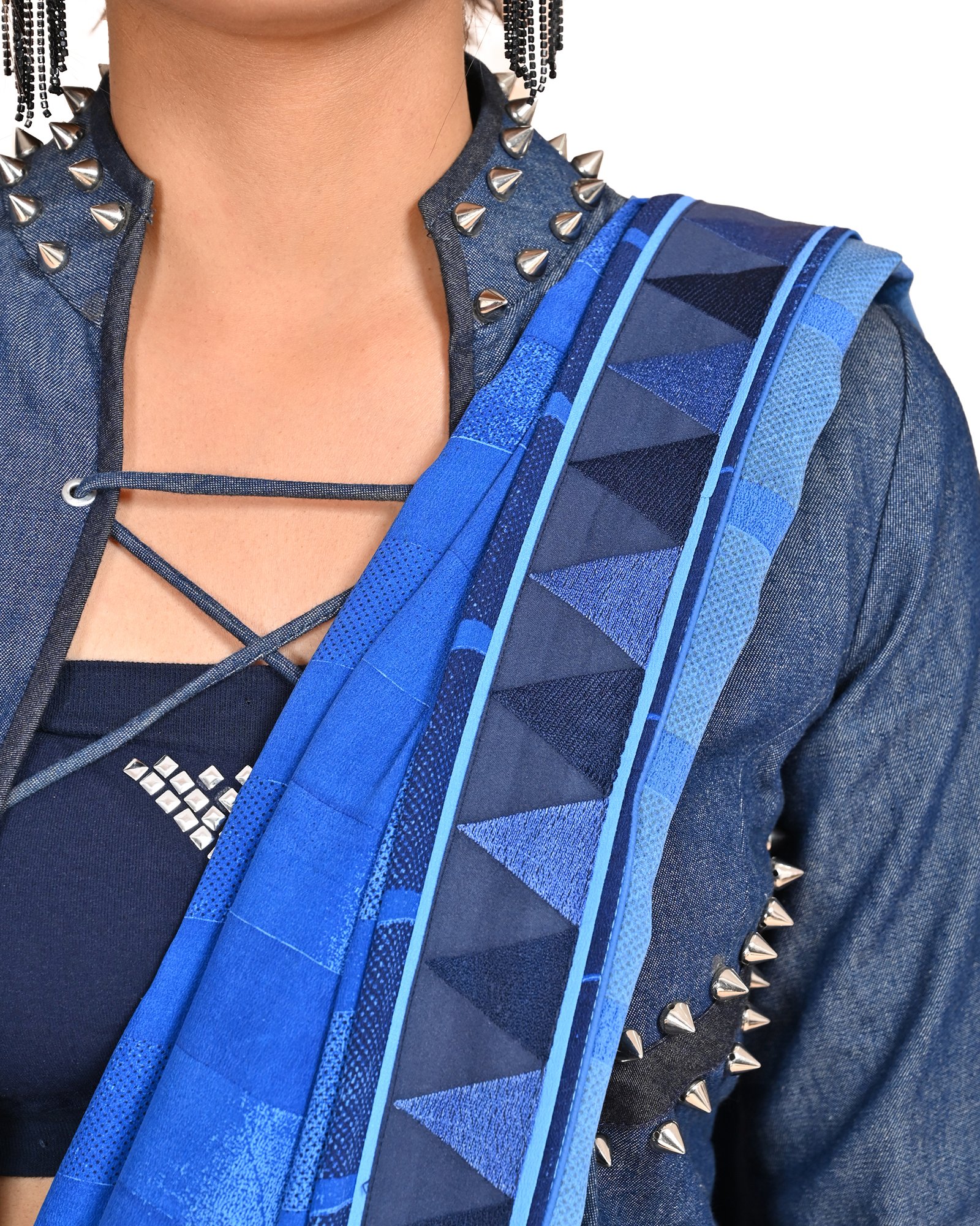 Denim Blue Crepe Saree with Geometric Border and Studded Jacket - Image 5