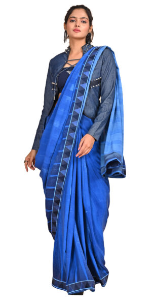 Denim Blue Crepe Saree with Geometric Border and Studded Jacket