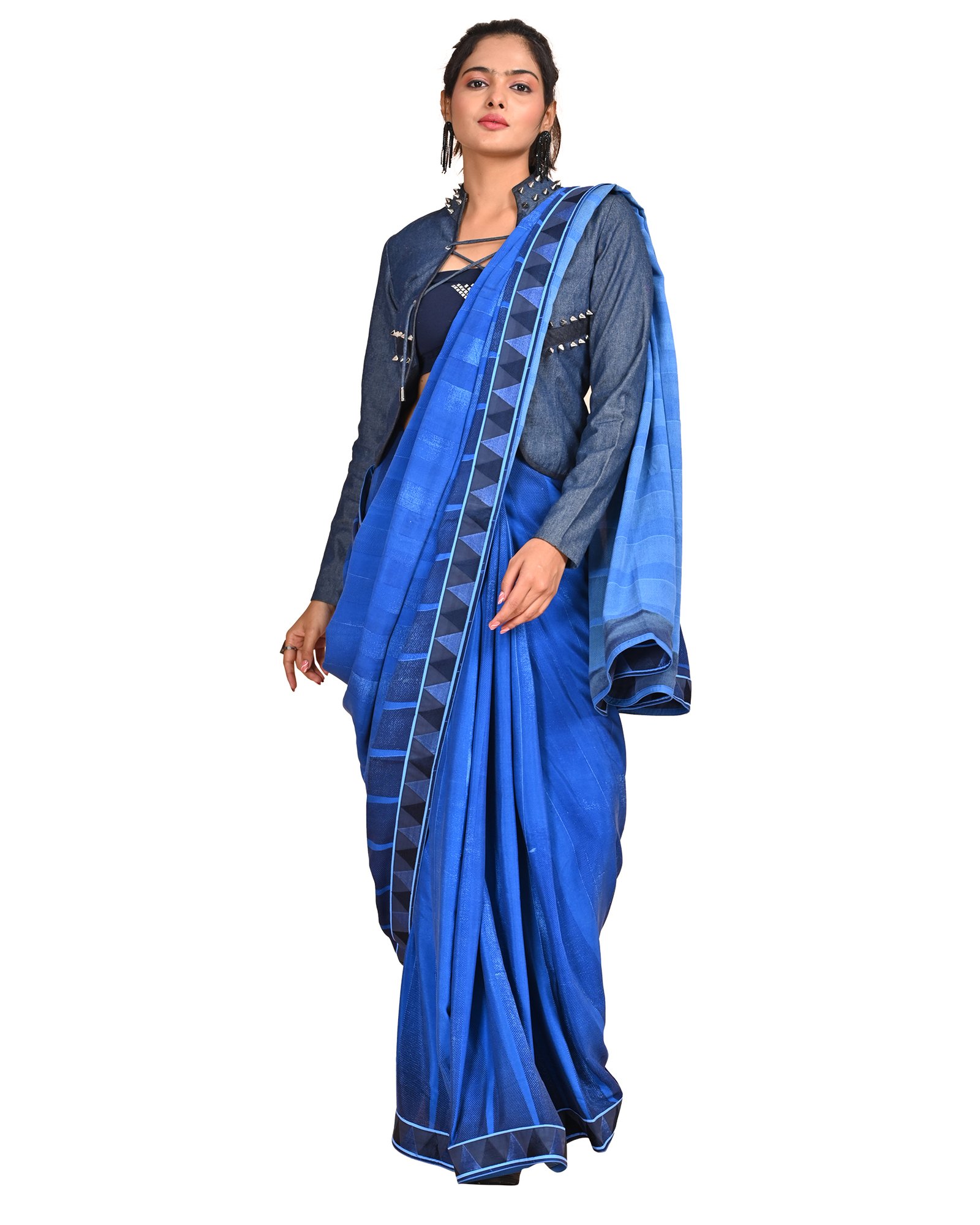 Denim Blue Crepe Saree with Geometric Border and Studded Jacket