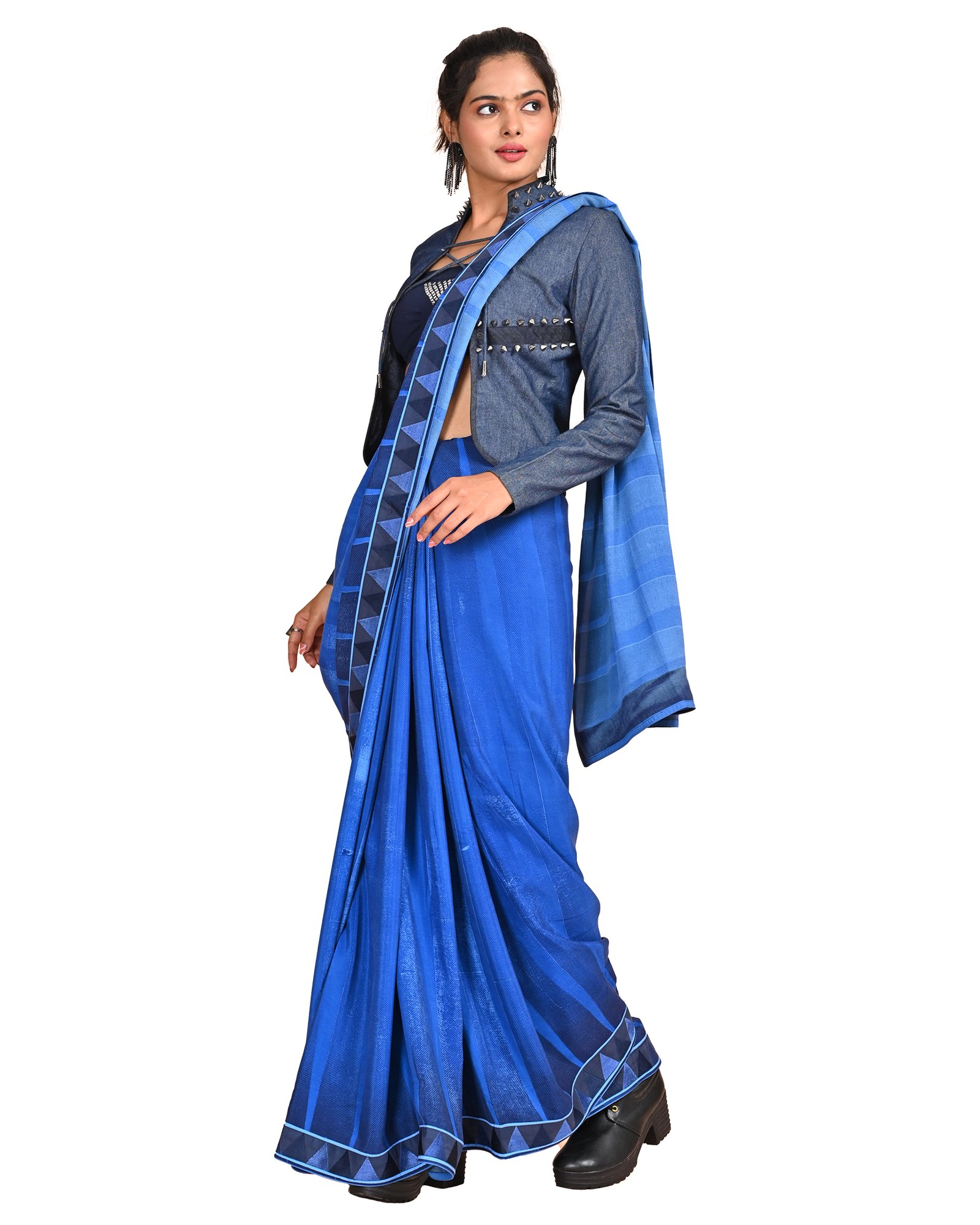 Denim Blue Crepe Saree with Geometric Border and Studded Jacket - Image 3