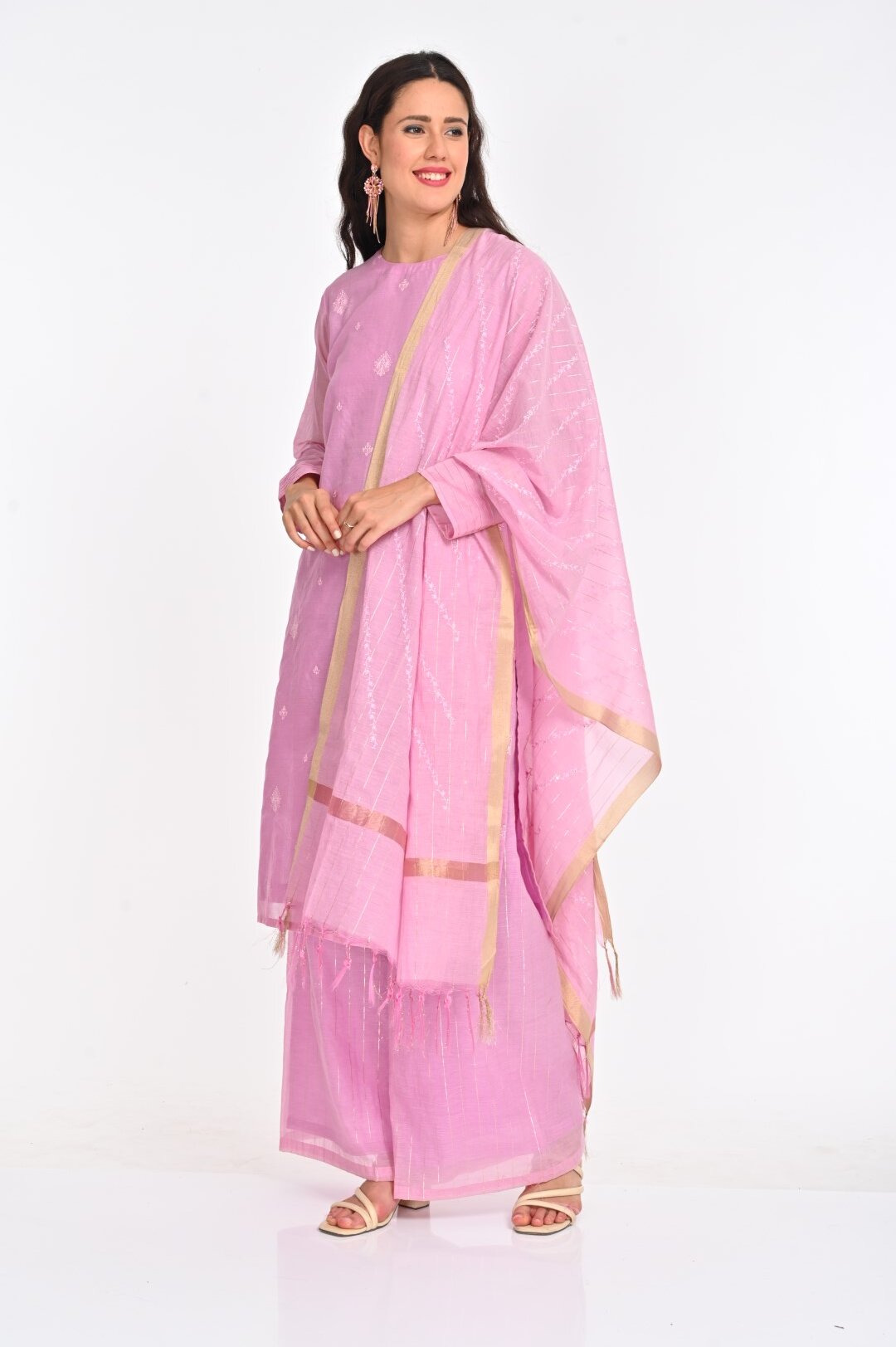 Elegant Pastel Pink Chanderi Cotton Suit Set - Image 3