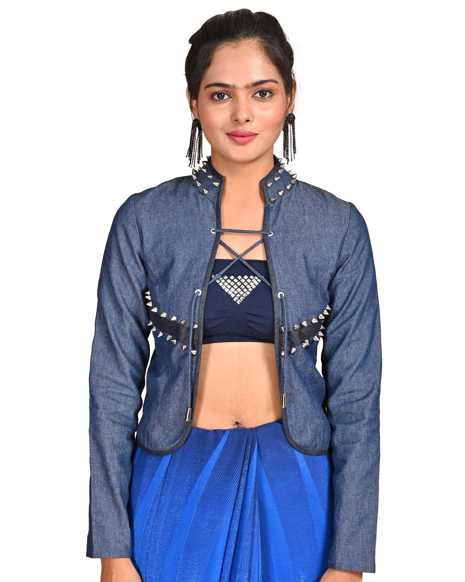 Denim Blue Crepe Saree with Geometric Border and Studded Jacket - Image 4