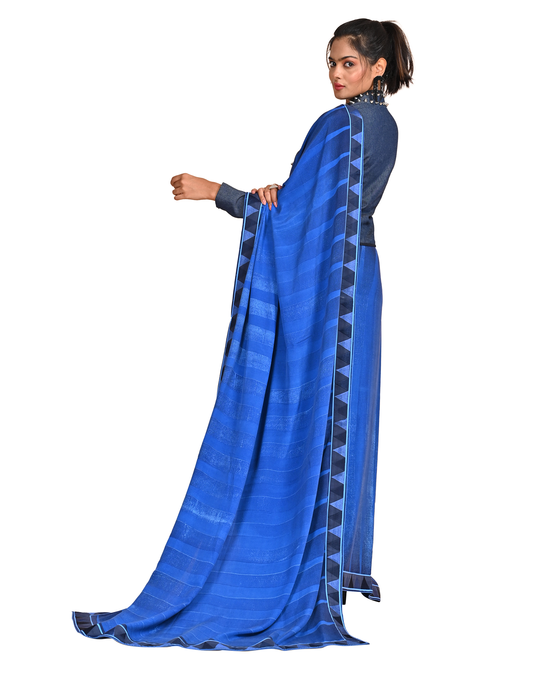Denim Blue Crepe Saree with Geometric Border and Studded Jacket - Image 2