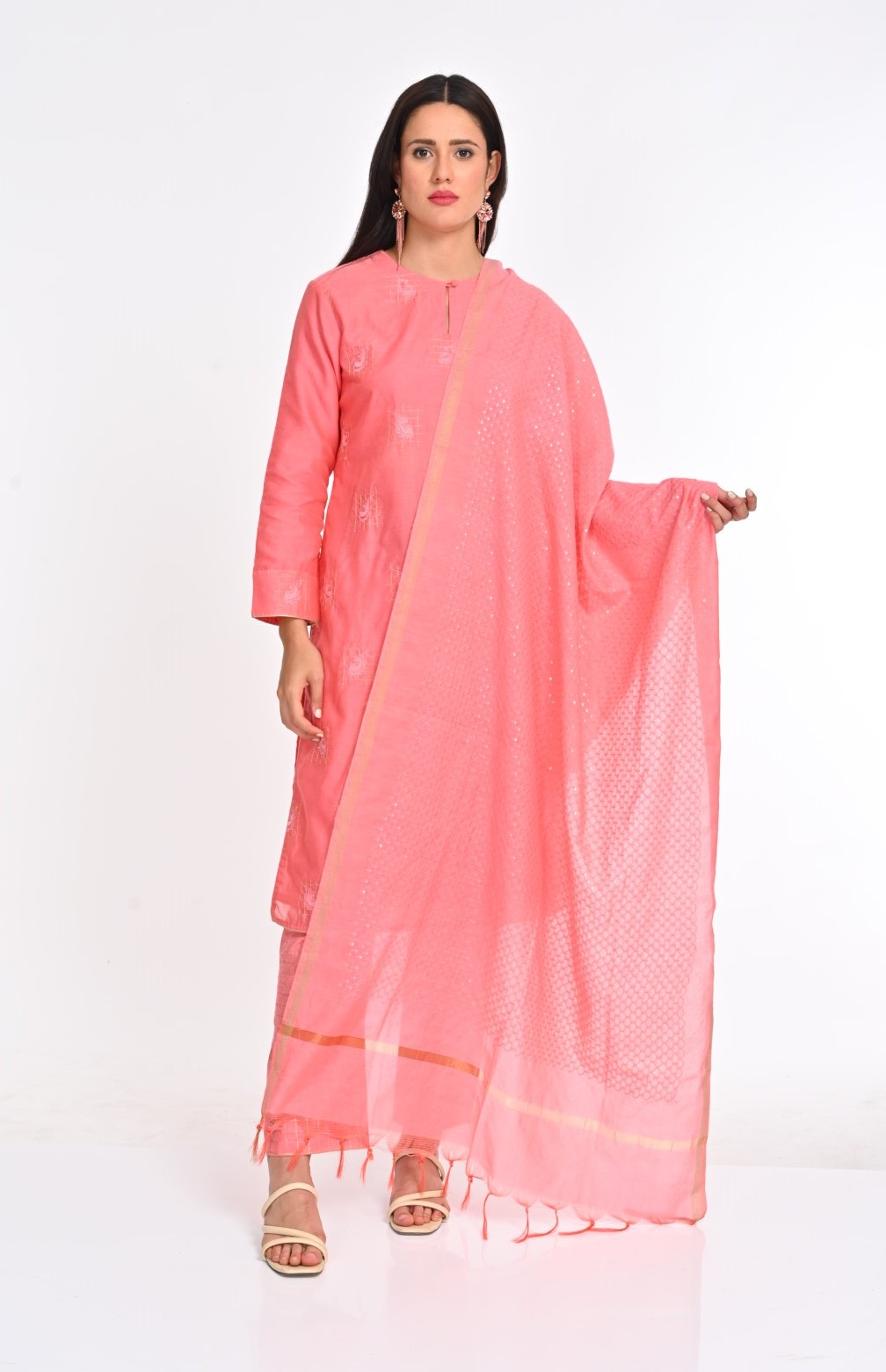 Elegant Pale Pinkish-Orange Chanderi Cotton Suit Set - Image 3