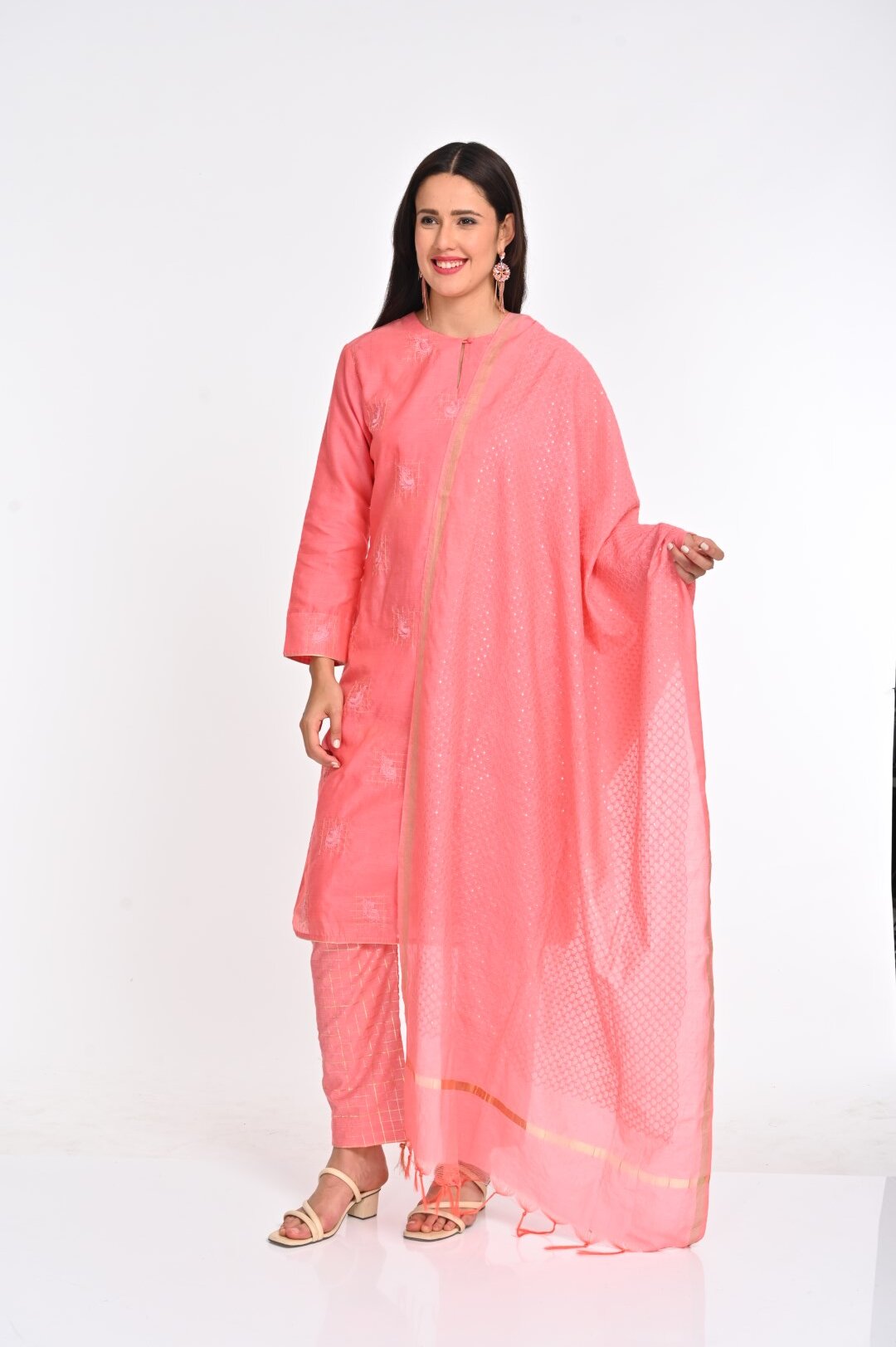 Elegant Pale Pinkish-Orange Chanderi Cotton Suit Set - Image 4