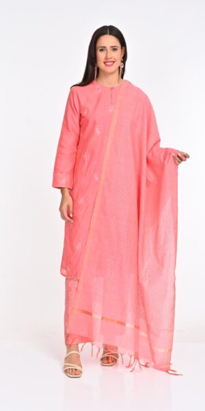 Elegant Pale Pinkish-Orange Chanderi Cotton Suit Set