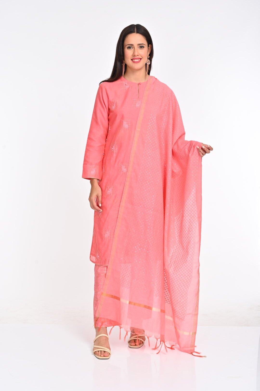 Elegant Pale Pinkish-Orange Chanderi Cotton Suit Set