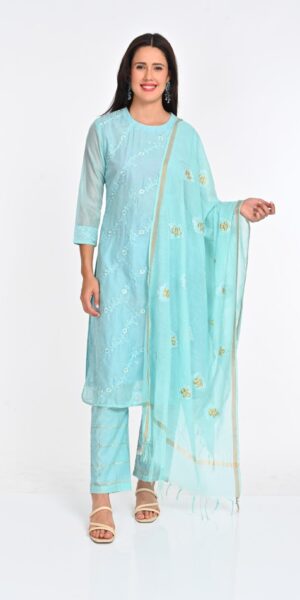 Pastel Blue Chanderi Cotton Suit Set with Intricate Embroidery