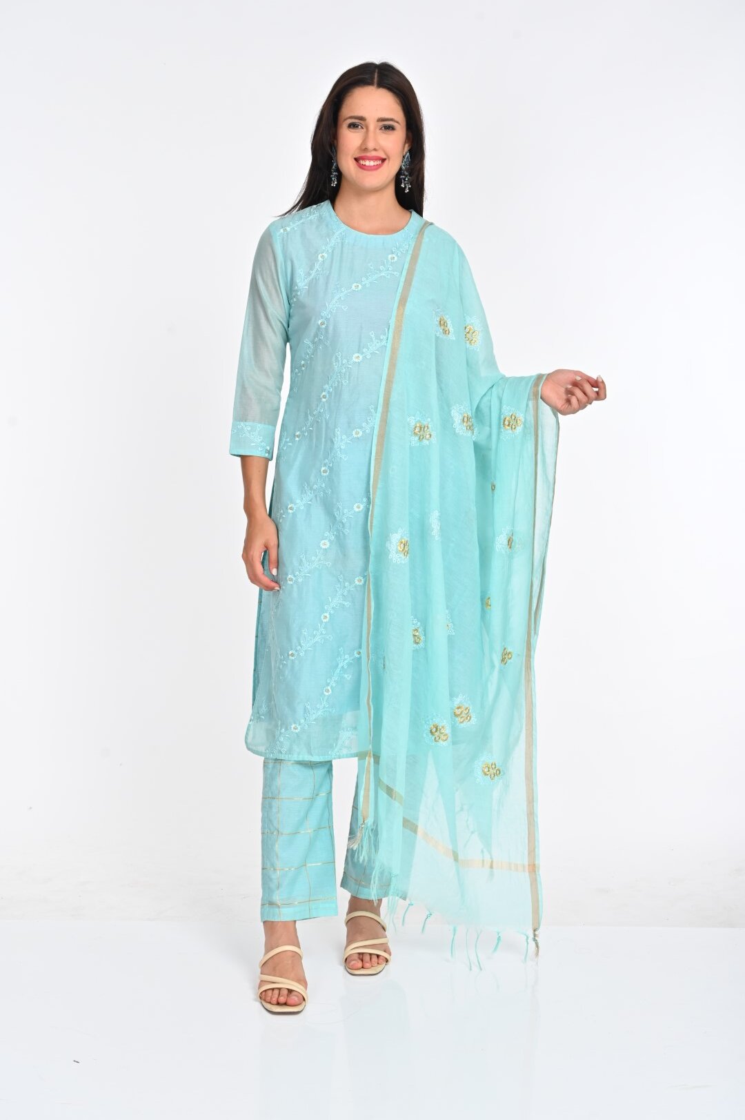 Pastel Blue Chanderi Cotton Suit Set with Intricate Embroidery