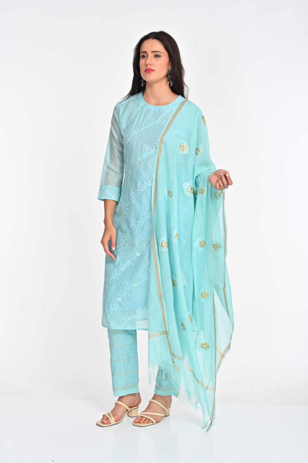 Pastel Blue Chanderi Cotton Suit Set with Intricate Embroidery - Image 6