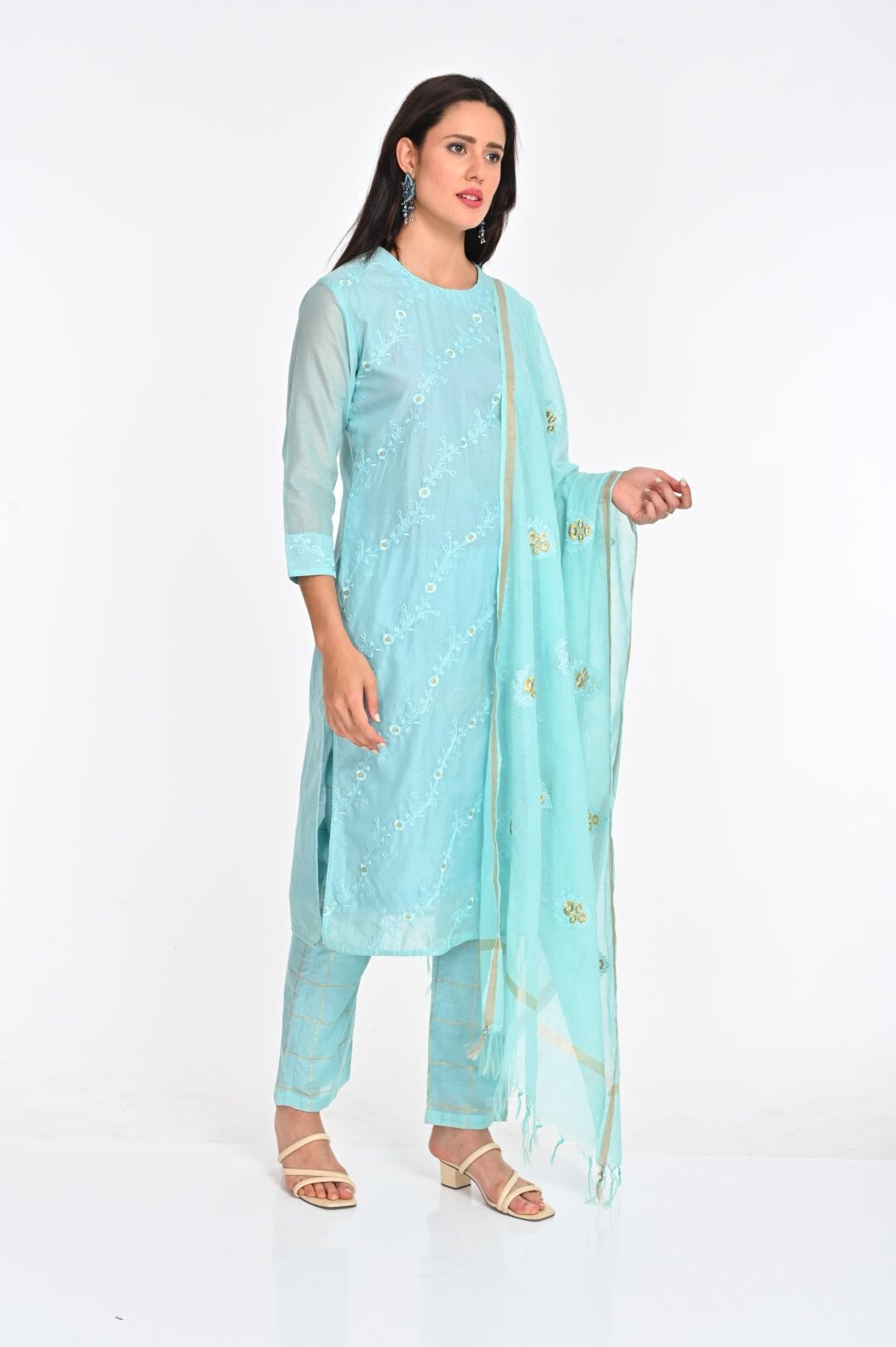 Pastel Blue Chanderi Cotton Suit Set with Intricate Embroidery - Image 2