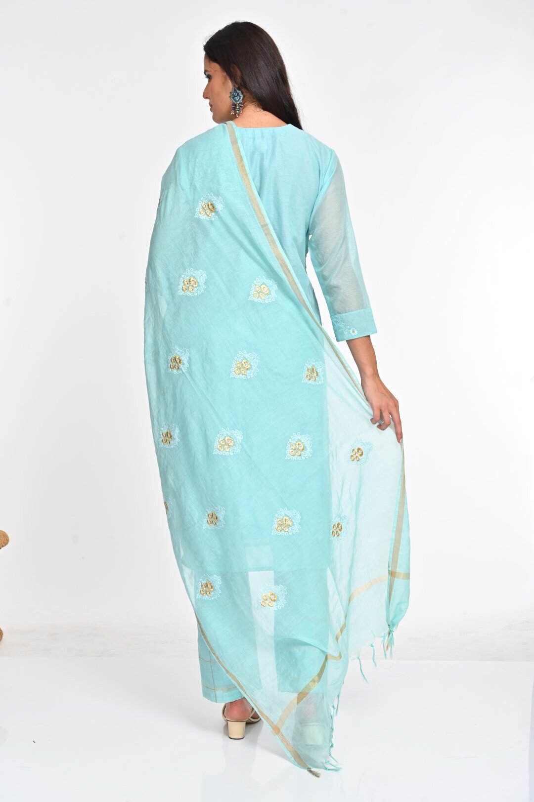 Pastel Blue Chanderi Cotton Suit Set with Intricate Embroidery - Image 3