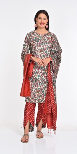 Elegant Tusser Silk Kurta Set with Floral Print and Dotted Dupatta
