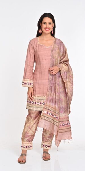 Elegant Pure Silk Tusser Kurta Set with Intricate Embroidery