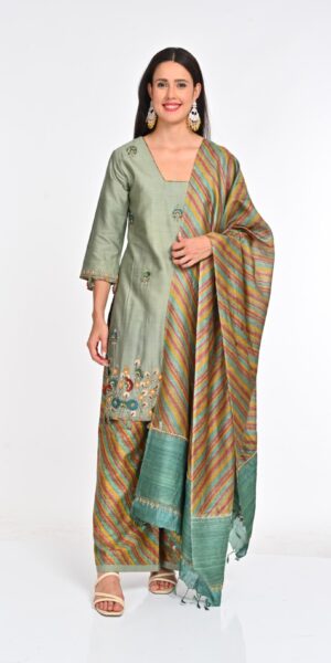 Elegant Embroidered Kurta Set with Ikat Dupatta