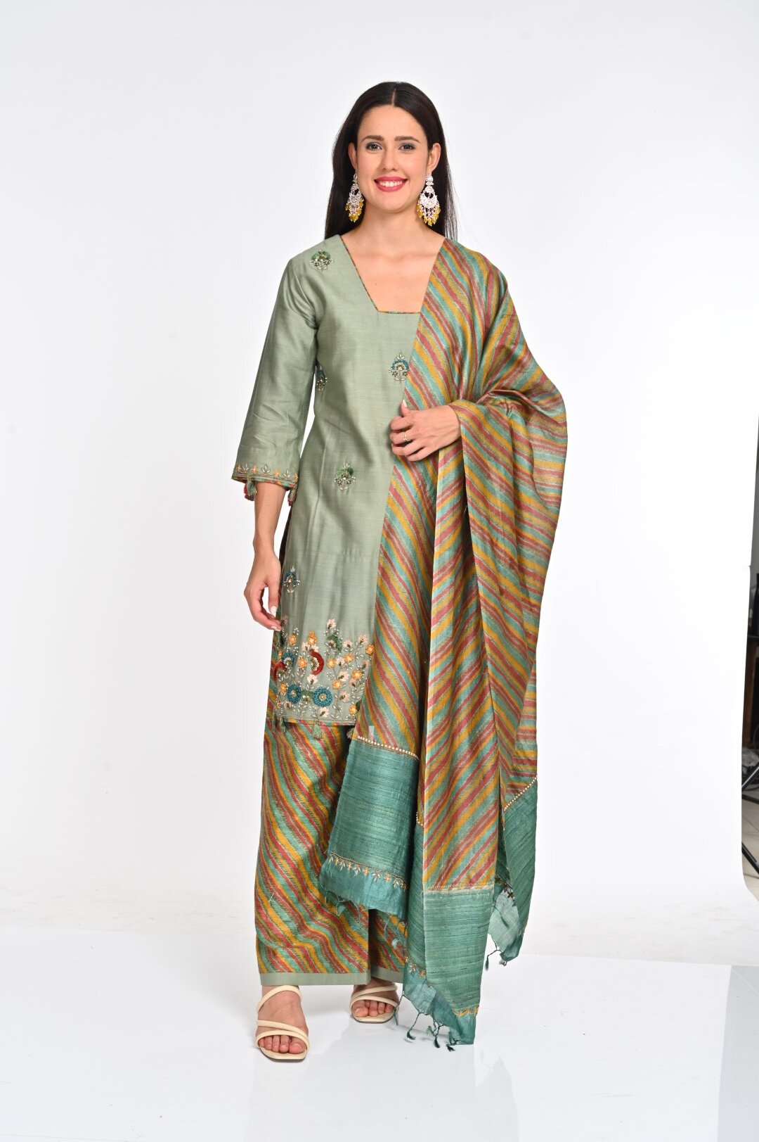 Elegant Embroidered Kurta Set with Ikat Dupatta