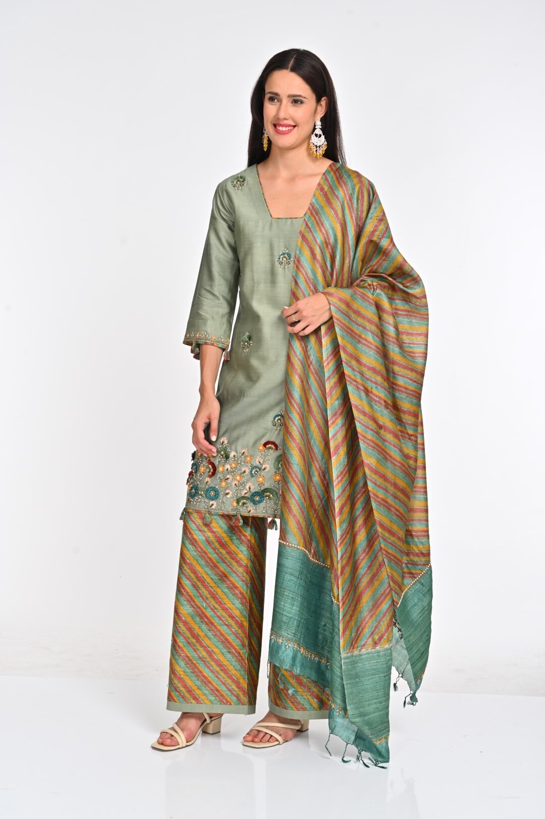Elegant Embroidered Kurta Set with Ikat Dupatta - Image 2
