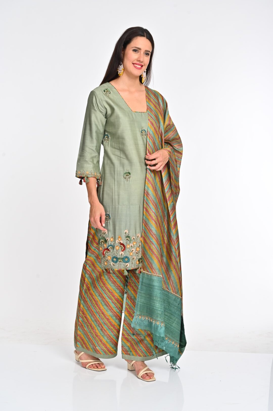 Elegant Embroidered Kurta Set with Ikat Dupatta - Image 3