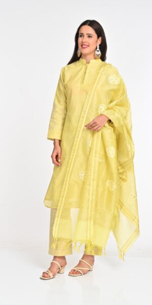 Elegant Yellow Chanderi Cotton Suit Set with Intricate Embroidery