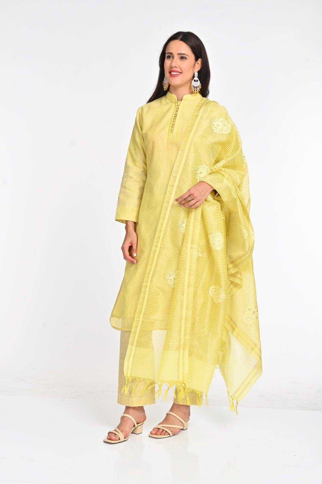 Elegant Yellow Chanderi Cotton Suit Set with Intricate Embroidery