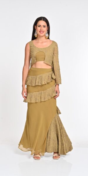 A Golden Georgette Crop Top Lehenga: A Modern Twist on Tradition