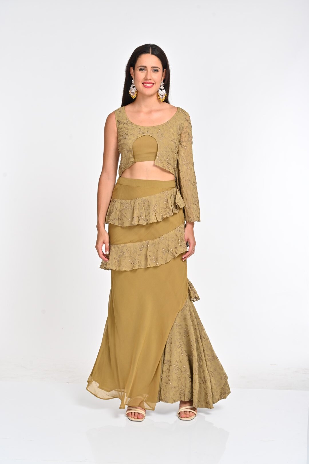 A Golden Georgette Crop Top Lehenga: A Modern Twist on Tradition