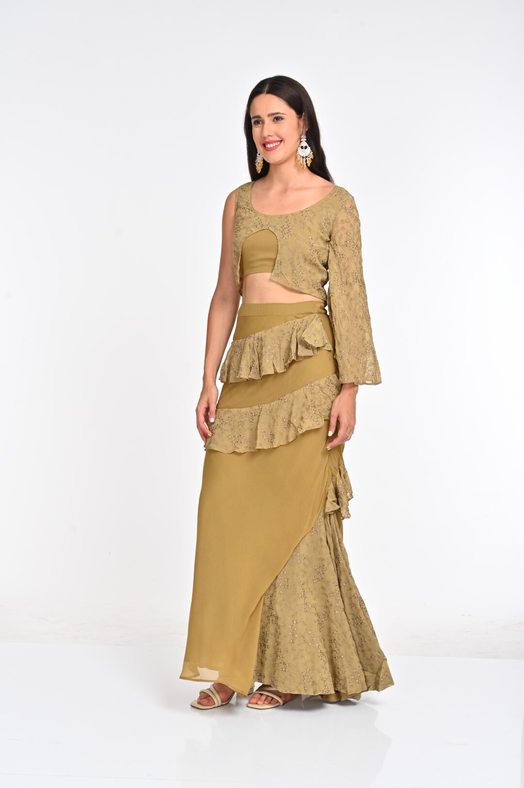 A Golden Georgette Crop Top Lehenga: A Modern Twist on Tradition - Image 2