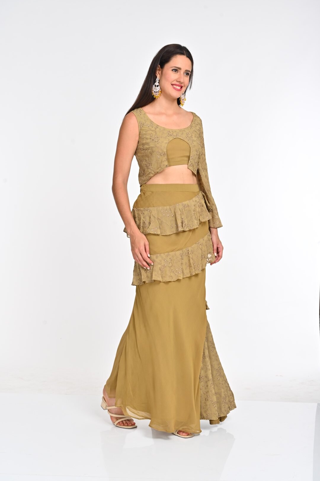 A Golden Georgette Crop Top Lehenga: A Modern Twist on Tradition - Image 3