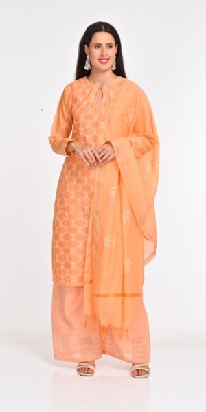 Peach Chanderi Cotton Suit Set with Intricate Embroidery