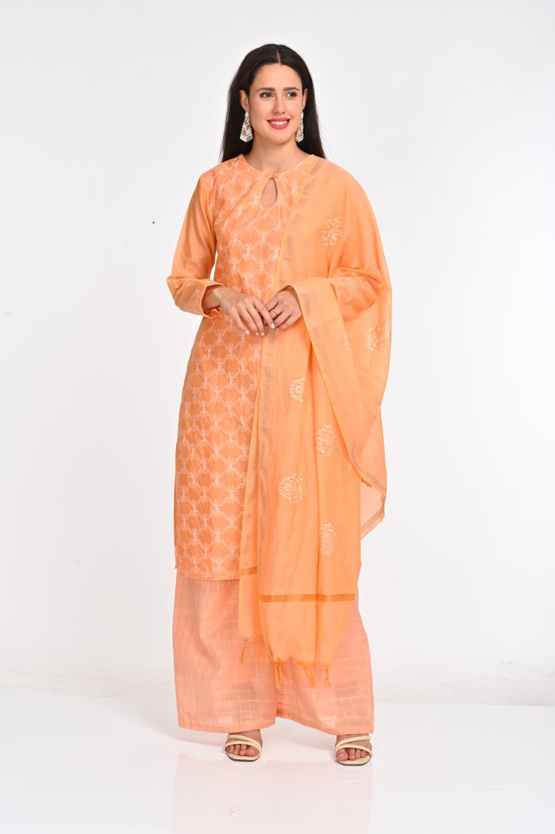 Peach Chanderi Cotton Suit Set with Intricate Embroidery