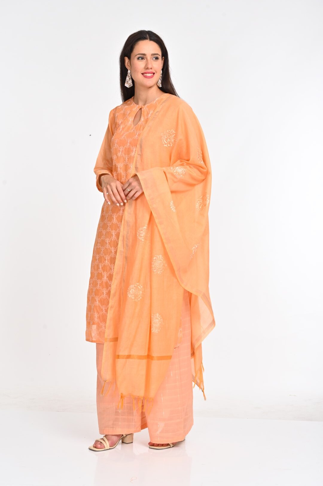 Peach Chanderi Cotton Suit Set with Intricate Embroidery - Image 4