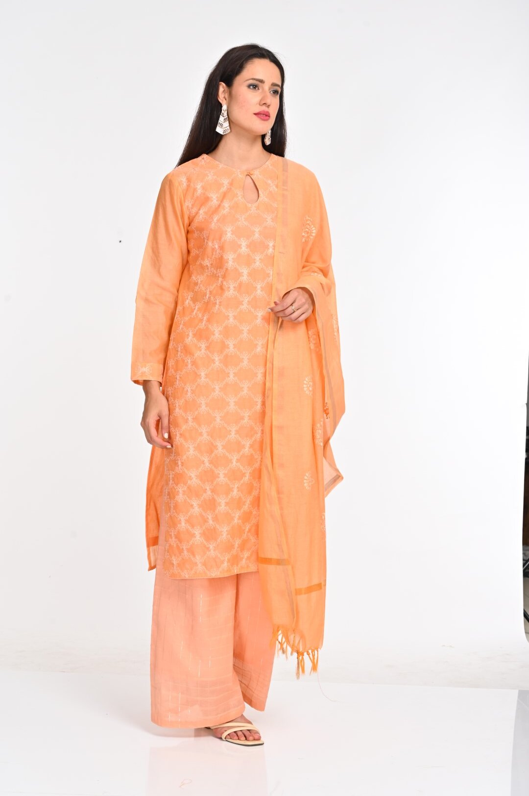 Peach Chanderi Cotton Suit Set with Intricate Embroidery - Image 5