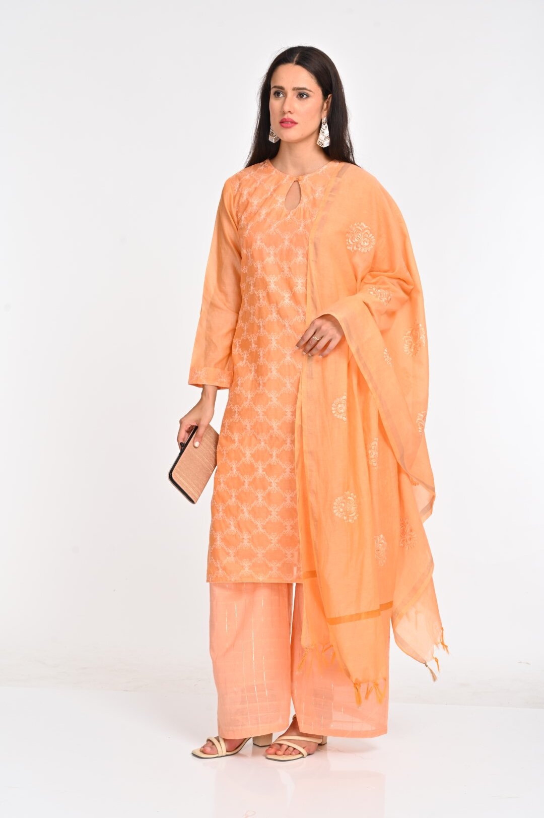 Peach Chanderi Cotton Suit Set with Intricate Embroidery - Image 2