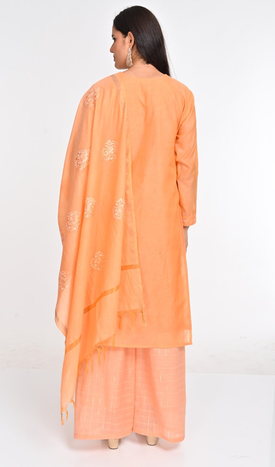 Peach Chanderi Cotton Suit Set with Intricate Embroidery - Image 3