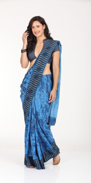 Denim Blue Saree with Striped Border
