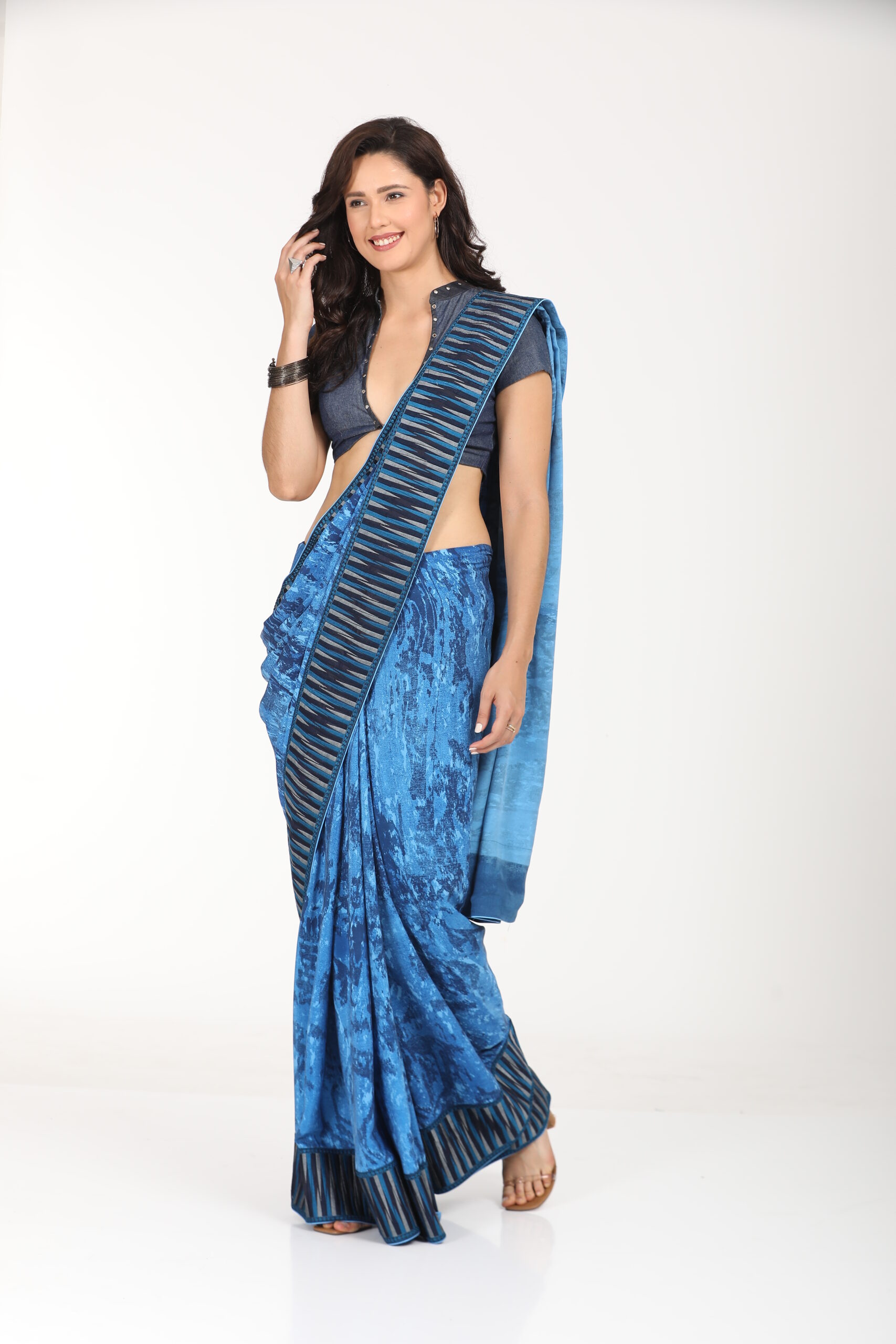 Denim Blue Saree with Striped Border