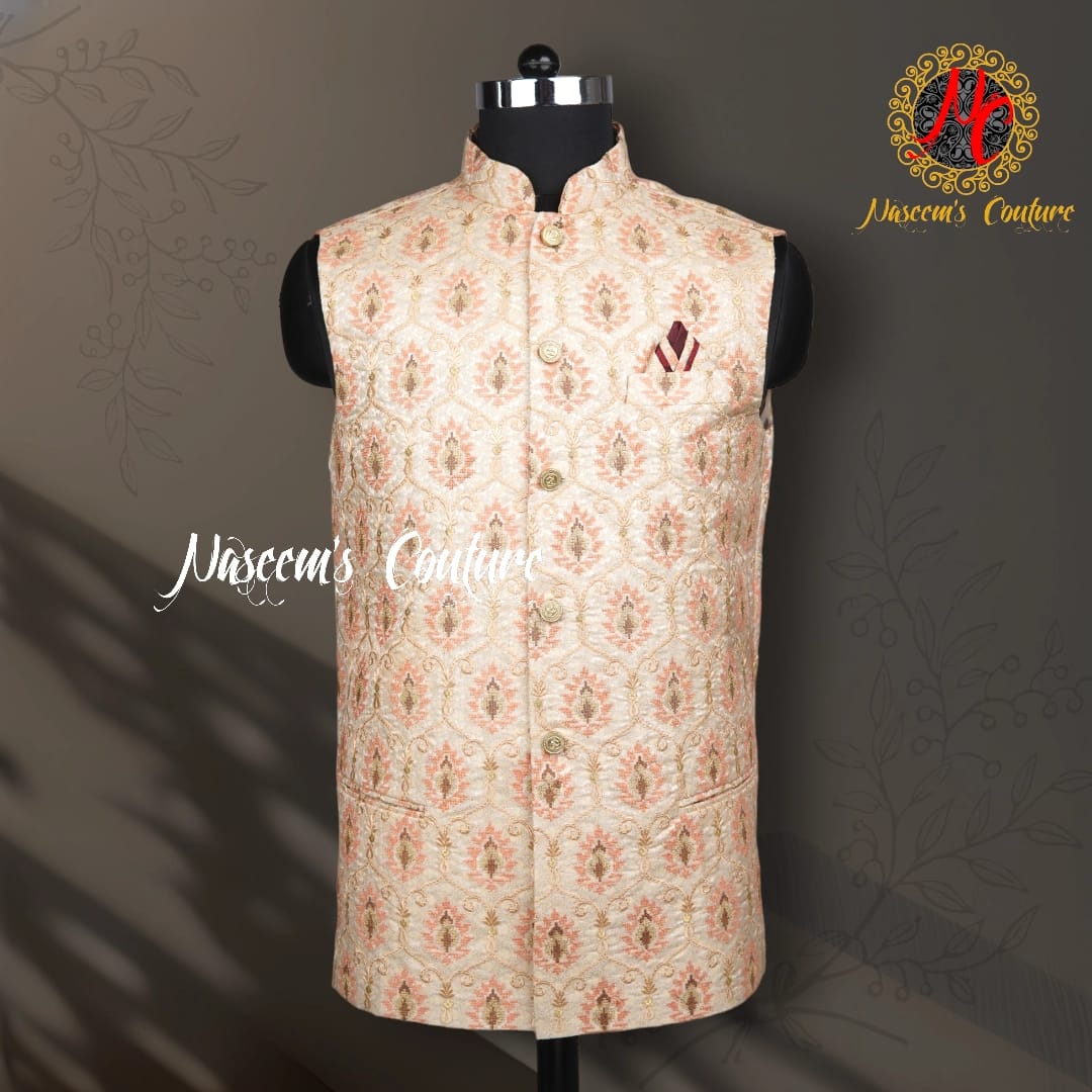 Mens Jaquard fabric Embroidery Sadri (light tusser)