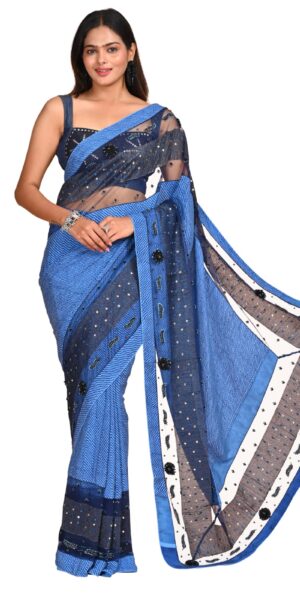Blue Crepe Saree with Intricate Paisley Border – Elegant and Timeless