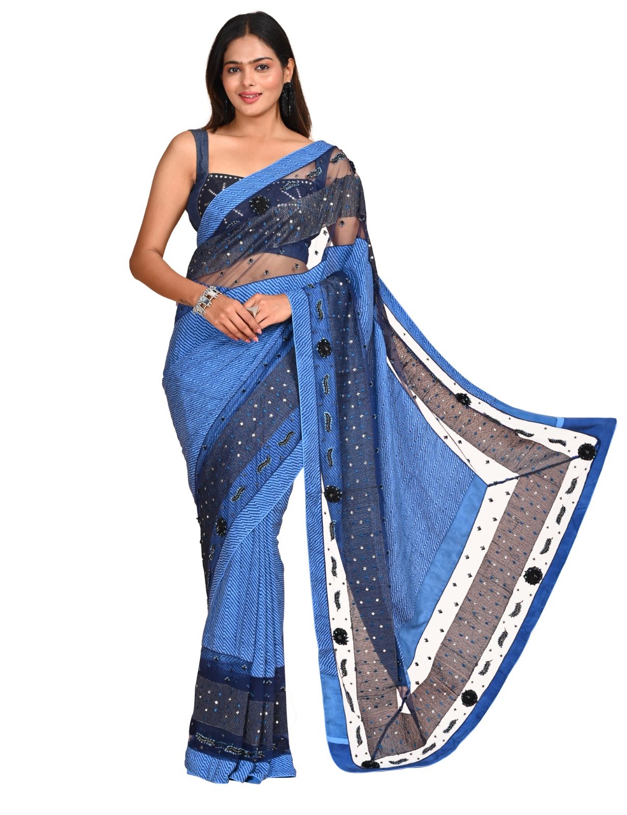 Blue Crepe Saree with Intricate Paisley Border – Elegant and Timeless